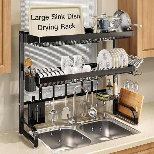 3 Tier Extra Large Stainless Steel Over The Sink Dish Drying Rack | Rust Proof Metal, Expandable Kitchen Sink Drainer, Counter Space Saving, Heavy Duty, Modern Black, Multifunctional Storage by MAJALiS