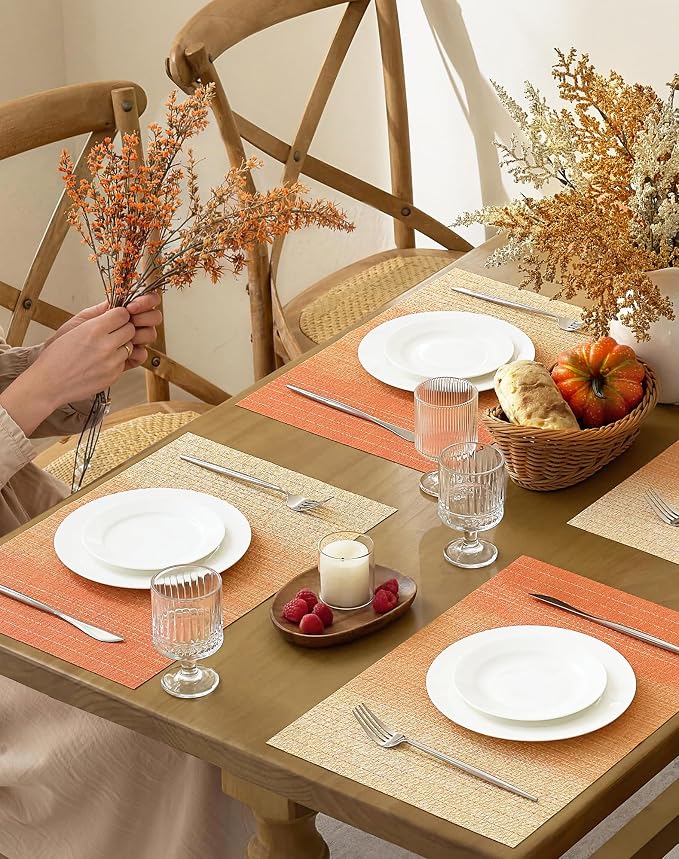 Leetaltree Gradient Burnt Orange Woven Placemats Set of 12 - Heat Resistant Non-Slip Fall Place Mats for Dining Table, Washable Durable PVC Vinyl Woven Table Mats(Gradient Orange-red, 12) - Image 3