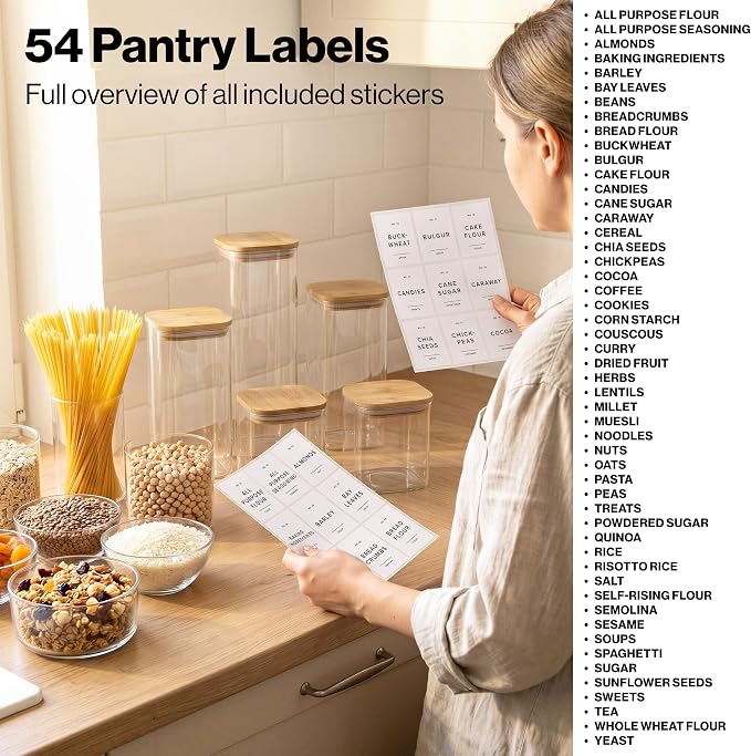 Glass Pantry Storage Jars Containers with Bamboo Lids and Labels - Set of 5 | Extra Thick Square Glass Canisters with Bamboo Wood Lids and 54 Pre-printed Pantry Labels keeps dry Goods Fresh and Organized - Image 8