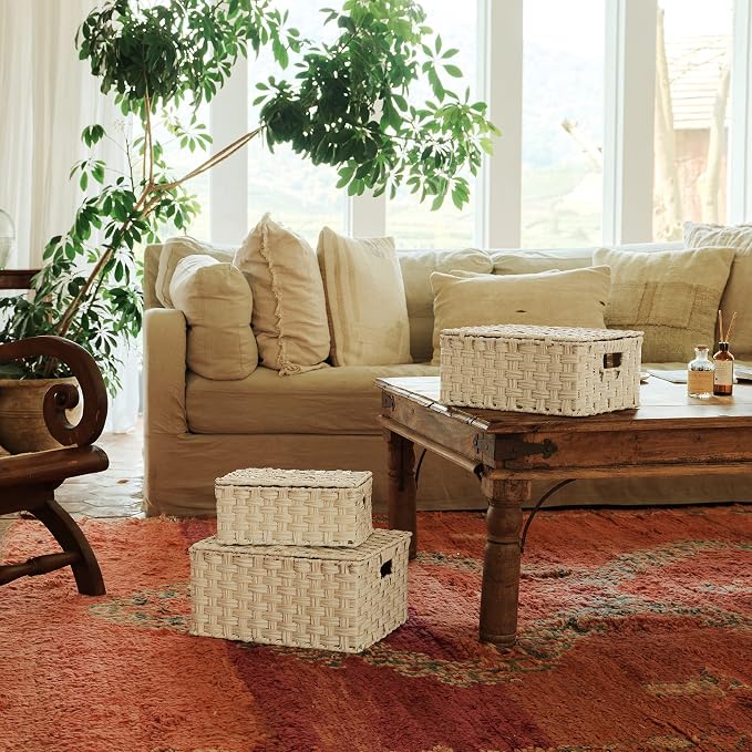 Granny Says Wicker Baskets With Lids, Woven Storage Basket With Lid | Woven Baskets With Lids, Wicker Baskets For Storage, Decorative Storage Boxes, Woven Stackable Basket with Lid for Organizing - Image 2