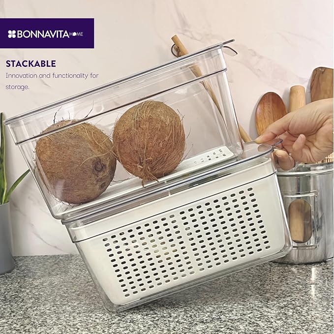 Clear Stackable Storage Containers with Lids BPA-Free Organizer Bins for Refrigerator Pantry Fridge Drawer with Colander and Dividers for Kitchen Food Preservation and Home Organization BPA Free - Image 5