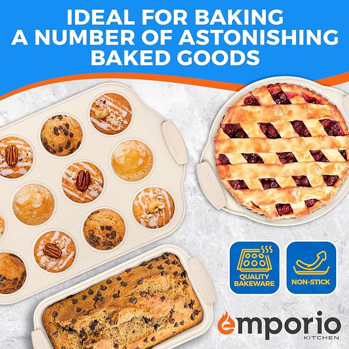 Emporio Kitchen Baking Pan Set - Nonstick Coating, Carbon Steel Bakeware Set with White Silicone Handle, PFOA, PFOS, PTFE Free, Recipe Booklet Included, Oven Safe Tray (Up To 450° F) Set of 25 - White - Image 7