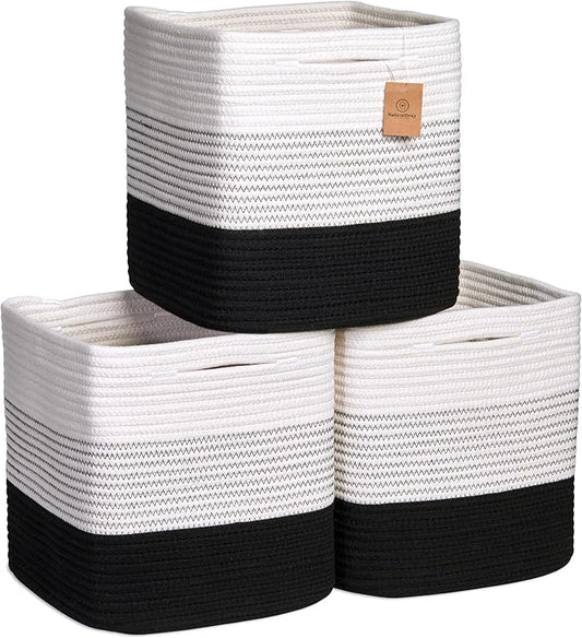 NaturalCozy Storage Cubes 11 Inch Cotton Rope Woven Baskets for Organizing, 3-Pack | Cube Storage Bin | Square Storage Baskets for Shelves Organizer, Classroom, Kids Toy Bins, Closet, Baby Nursery by NaturalCozy