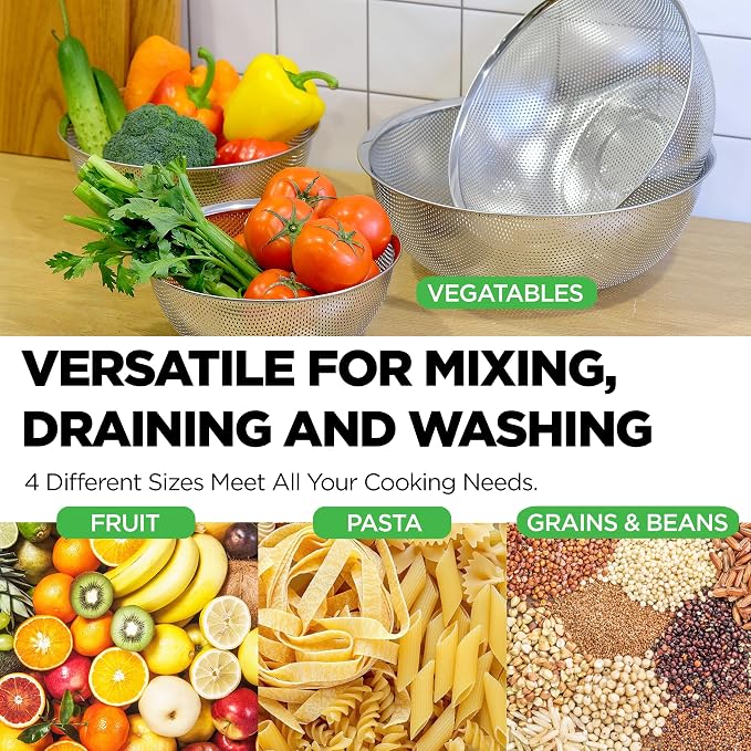 Premium 18/8 304 Stainless Steel Micro-Perforated Small and Big Colander Set of 4 with rings - 3.5-5.5-7.5-9.5 Quart Set, Self-Draining Solid Base for Pasta, Fruits, Vegetables - Image 4