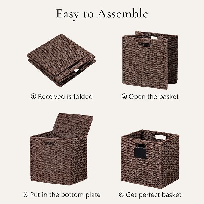 UBBCARE 2 Pack Wicker Basket, 10.5×10.5 Storage Cubes with Label, Foldable Cube Storage Bin with Handle, Square Storage Basket for Shelves, Woven Paper Rope Basket for Organizing, Brown - Image 7
