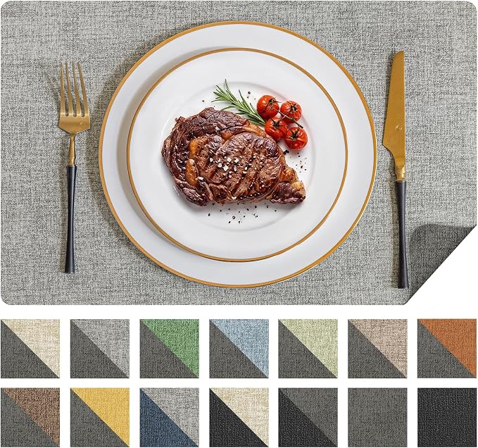 Romanstile Vinyl Placemats Set of 8, Reversible Faux Leather Heat Resistant Wipeable Table Mats, Waterproof Washable Non-Slip Table Placemats for Dining/Kitchen/Outdoor (Grey Light Grey, 12" x 17") by Romanstile