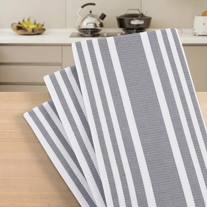 Homaxy Premium Cotton Stripe Kitchen Towels 3 Pack, 18"x 28", Grey | Large 380 GSM Kitchen Hand Towels, Soft Terry Dish Towels, Highly Absorbent Tea Towel Set with Hanging Loop - Image 7