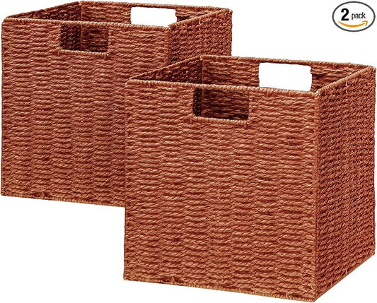 Wicker Storage Basket, Set of 2 Hand-Woven Paper Rope Wicker Basket, Foldable Cube Storage Bins, 9 inch Square Storage Baskets for Organizing Shelves & Decor, Orange (9″×9″×9″) by Vagusicc