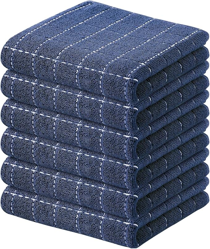 Kitinjoy 100% Cotton Terry Kitchen Towels, 13”x 28”, 6-Pack, Navy Blue | Checkered Designed, Ultra Soft Absorbent Quick Drying Dish Towels by Kitinjoy