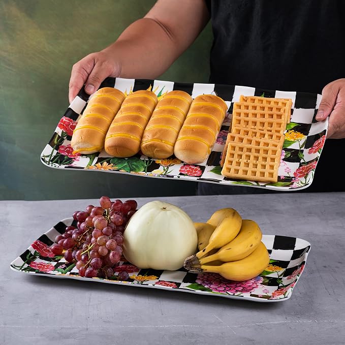LEHAHA Rectangular Melamine Sunflower Serving Tray, 2-Piece Hydrangea Serving Platter Set, 17.5" x 10" Colorful Trays/Platters Sets for Outdoor and Indoor Dining and Entertaining Parties,Black Plaid - Image 3