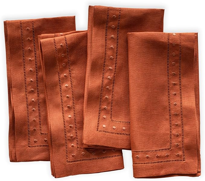 Linen Napkins Set of 4-100% Flax Linen Orange Dinner Napkins with Embroidered Dot 18 x 18 inch - Hemstitch Cloth Napkins Washable for Fall, Halloween and Thanksgiving, Autumn Decor by OlucioAuthentiqueHome