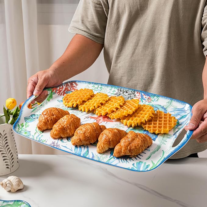 LEHAHA Serving Tray with Handles, Large Rectangular Melamine Serve Platter for Serve Food, Set of 2, 19 x 12 inch,Unbreakable Food Platter for Coffee Table, Ottoman Tray for Bedroom, Living Room. - Image 3