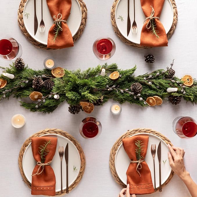 Linen Napkins Set of 4-100% Flax Linen Orange Dinner Napkins with Embroidered Dot 18 x 18 inch - Hemstitch Cloth Napkins Washable for Fall, Halloween and Thanksgiving, Autumn Decor - Image 3