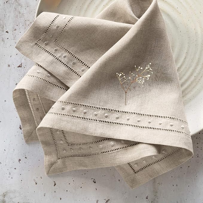 Linen Napkins Set of 4-100% Flax Linen Natural Dinner Napkins with Embroidered Dot 18 x 18 inch - Hemstitch Cloth Napkins Washable for Summer, Weddings Decor - Image 2