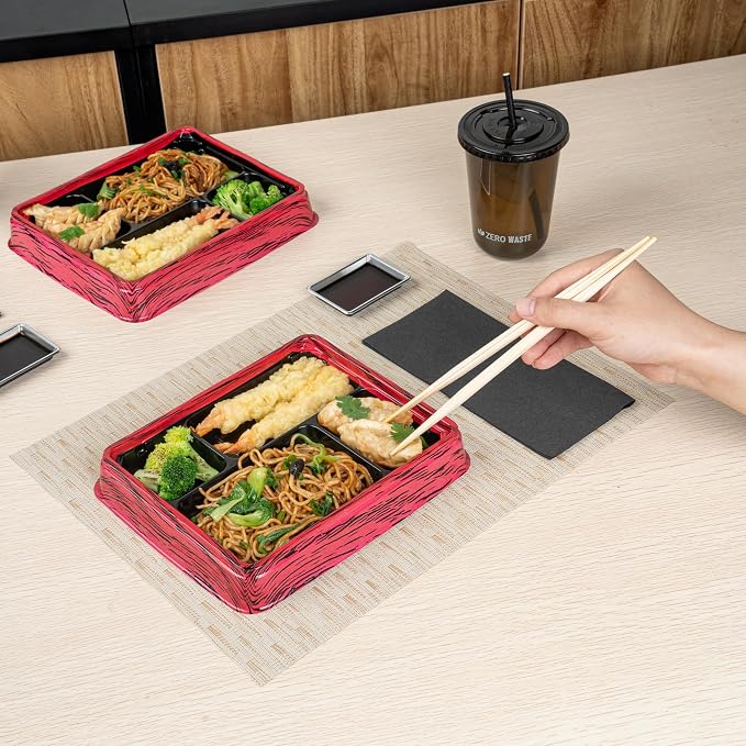 Restaurantware Bento Tek 15.2 Ounce Meal Prep Containers, 100 Disposable To Go Food Boxes - Lids Sold Separately, 4 Compartments, Red And Black Plastic Bento Lunch Boxes, Freezable, For Take Out - Image 5