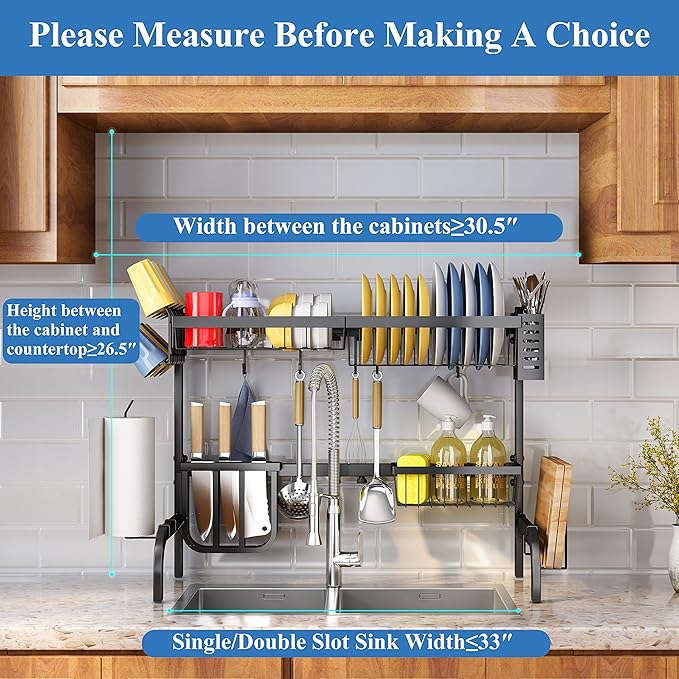 Over The Sink Dish Drying Rack, Adjustable 25.5-33.5 in, 2-Tier, Black | All-in-One Large Capacity, Snap-On Design for Flexible Use, Strong Metal Frame, Non-Slip Feet, Fits Sinks Up to 33" W - Image 8