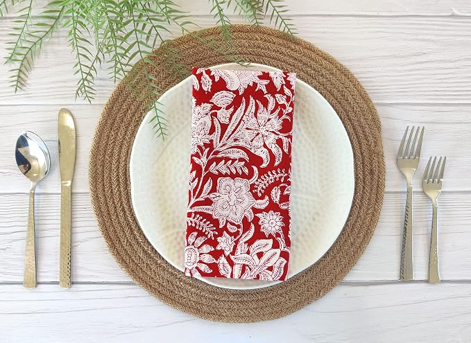 Cotton Print Napkins 18x18 inches - Washable Cloth Dinner Napkins Set of 6 - Everyday Use or Dinner Party and Events - Red White Indian Block Printed Soft Fabric by Craftbot - Image 3