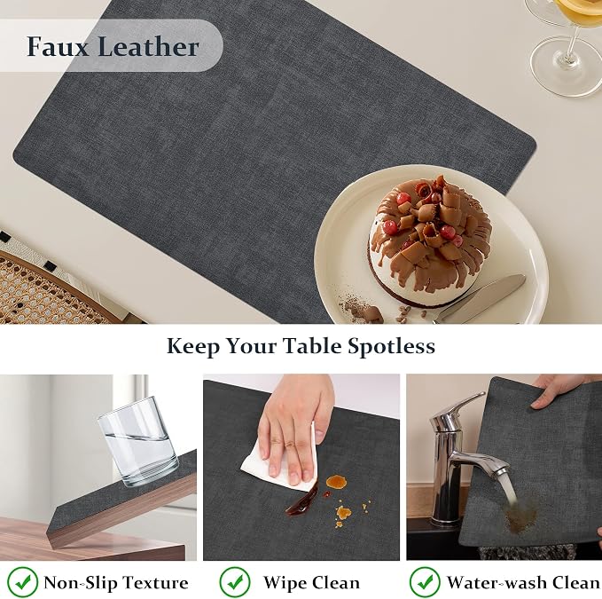 FROMHEART Faux Leather PU Placemats Set of 6 (Dark Grey,11.8" x 17") | Waterproof,Heat/Oil Stain-Resistant Table Mat–Reversible,Non-Slip,Easy to Clean Place Mats for Kitchen,Dining,Indoor/Outdoor - Image 4