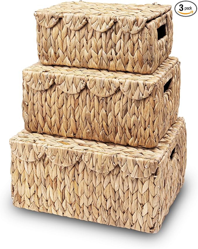 LUSYDECO Set of 3 Scalloped Edge Wicker Basket with Lid, Rectangle Wicker Storage Basket with Built-in Handles, Multipurpose Organizer Rattan Display Boxes for Shelf, Nursery Room by RattanWebbingMeshRolls