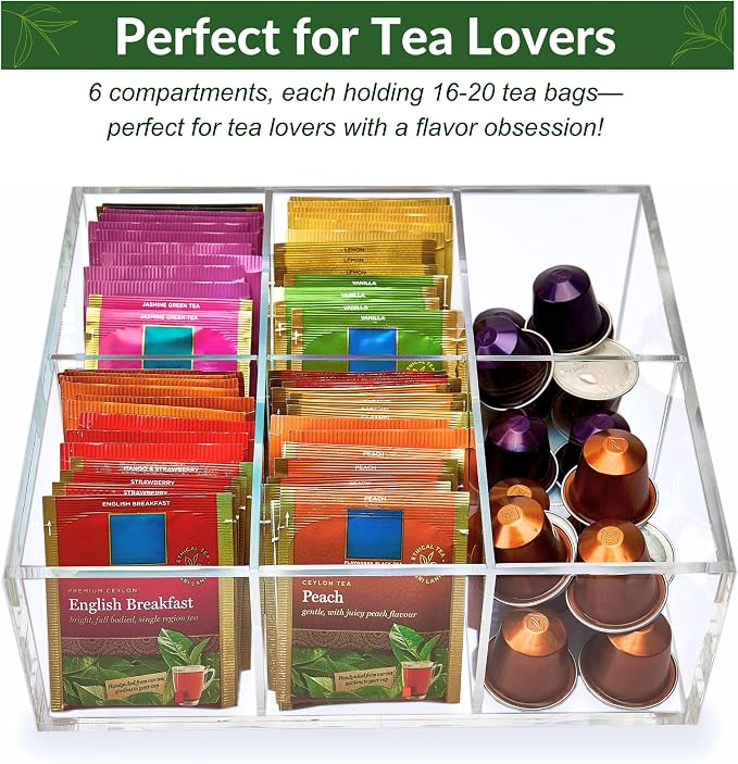 Heavy-Duty Acrylic Tea Bag Organizer, 6-Compartment Storage Box | Perfect Organizer: 6-compartment design keeps tea bags and coffee pods neatly sorted, saving space on your countertop - Image 5
