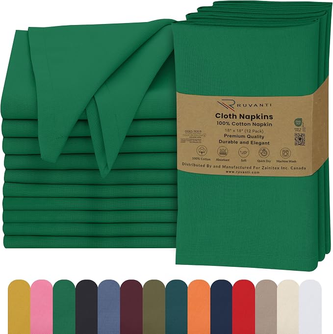 Ruvanti Cloth Napkins Set of 12, 18x18 Inches, 100% Cotton, Washable, Soft & Absorbent, Perfect for Wedding, Christmas, ‎Thanksgiving Dinners - Amazon by Ruvanti