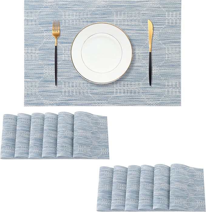 Leetaltree Jacquard Blue Placemats Set of 12 - Heat Resistant Non-Slip Place mats for Dining Table, Washable Durable PVC Vinyl Woven Table Mats（Jacquard Blue, 12） by Leetaltree-ArtatEveryTable