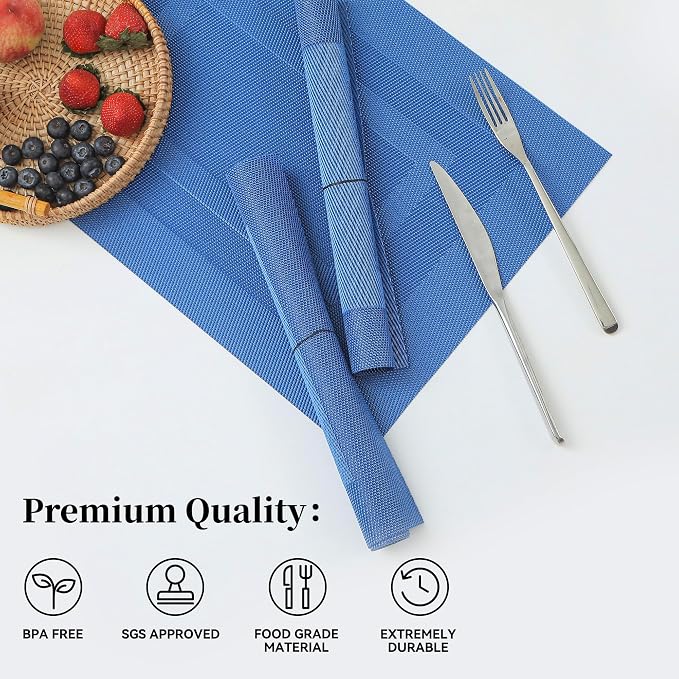 Leetaltree Blue Frame Placemats Set of 8 - Heat Resistant Non-Slip Place mats for Dining Table, Washable Durable PVC Vinyl Woven Table Mats（Blue Frame, 8） - Image 2
