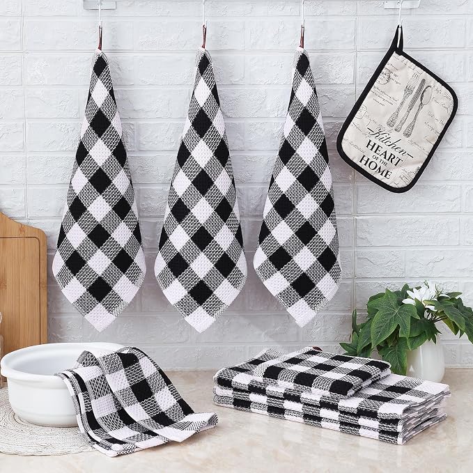Homaxy Kitchen Towels and Dishcloths Set, Set of 8, Black & White | Bulk Cotton Waffle Weave Check Plaid Kitchen Towels, Super Soft and Absorbent Dish Cloths, 12 x 12 and 13 x 28 Inches - Image 6