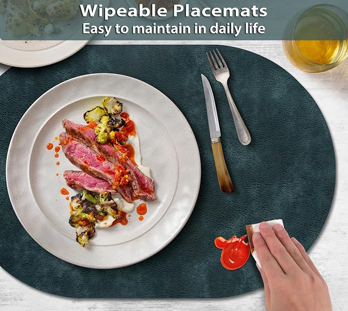 ADRIMER Placemats, Heat Resistant Oval Placemats Set of 12 Washable 12 x 17 Inch, Waterproof Table Mats, Wipeable Pu Place Mats for Kitchen, Dining Room, Dark Blue - Image 3