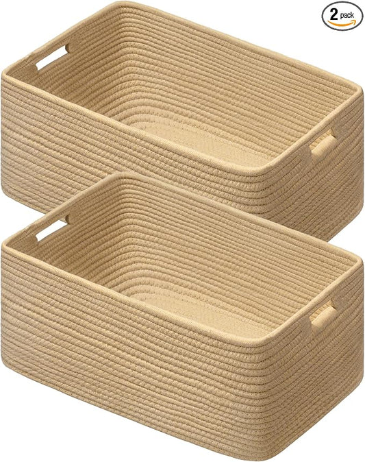 2 Pack Storage Baskets for Organizing, Large Woven Storage Basket, Brown | 17"Lx13"Wx7.5"H, Cotton Rope Basket, Toy Storage, Cube Shelf, Closet Shelf Organizer, Clothes Storage, Home Decor by UBBCARE