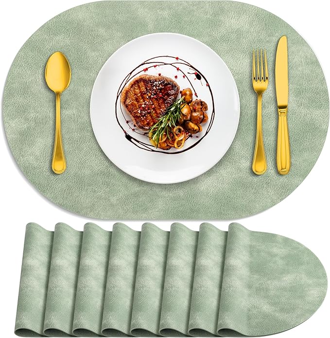 ADRIMER Placemats, Heat Resistant Oval Placemats Set of 8 Washable 12 x 17 Inch, Waterproof Table Mats, Wipeable Pu Place Mats for Kitchen, Dining Room, Green by Adrimersdreamistobeanindispensablecompanioninyourlife