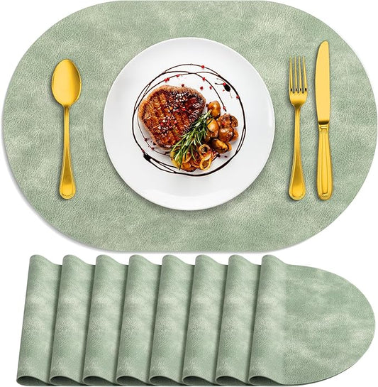 ADRIMER Placemats, Heat Resistant Oval Placemats Set of 8 Washable 12 x 17 Inch, Waterproof Table Mats, Wipeable Pu Place Mats for Kitchen, Dining Room, Green by Adrimersdreamistobeanindispensablecompanioninyourlife