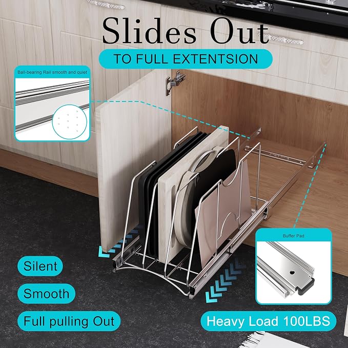 Pull Out Cookie Sheet Organizer, 10" W x 22" D x 11" H, Chrome | For Cabinet, Pan and Pot, Cutting Board, Bakeware, Tray Organizer Rack, Sliding Rack- Heavy Duty, Adjustable Divider Width - Image 3