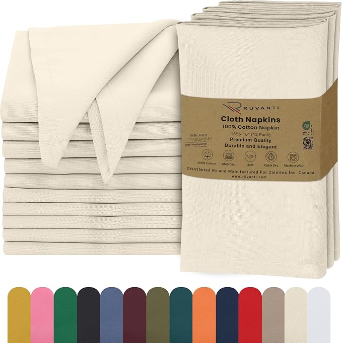 Ruvanti Cloth Napkins Set of 12, 18x18 Inches, 100% Cotton, Washable, Soft & Absorbent, Perfect for Wedding, Christmas, ‎Thanksgiving Dinners - Antique White by Ruvanti