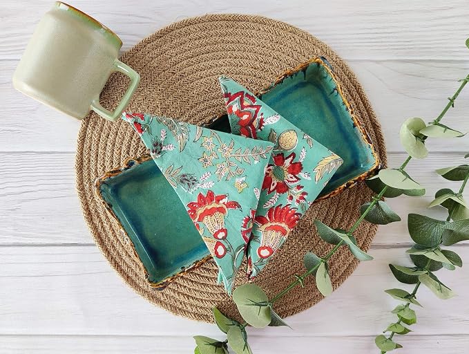 AVKA Studio Cotton Print Dinner Napkins 18x18 inches - Washable Cloth Napkins Set of 12 - Everyday Use or Dinner Party and Events - Teal Green Indian Block Printed Soft Fabric - Image 2