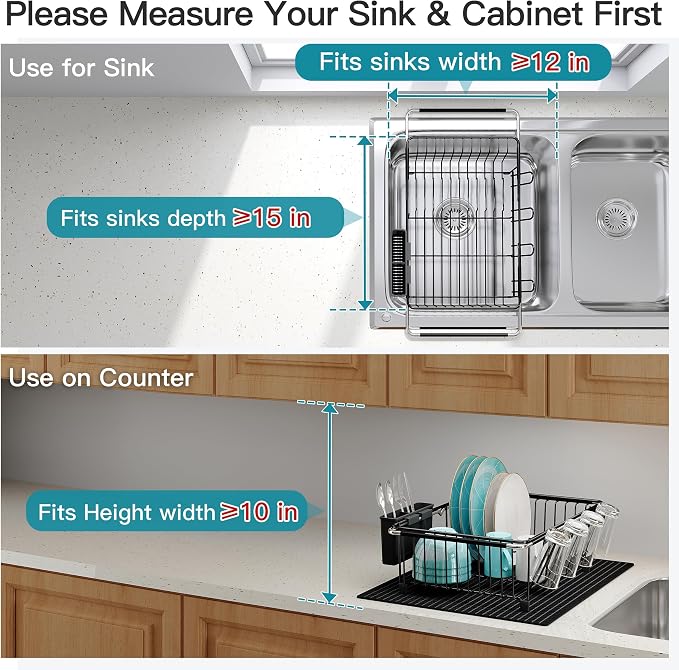 JASIWAY Black Dish Drying Rack in Sink with Mat, Cups and Utensil Holder | Use Over the Sink or Counter, Stainless Steel Expandable Dish Drainer for Small Kitchen, Space Saving, Fast Drain, Rustproof - Image 5