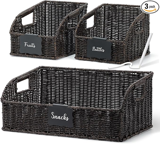 Brownlily Faux Wicker Pantry Storage Baskets, Black-Single Set (3-Piece) | Handwoven Baskets for Organizing with Built-in Handles, All-Purpose Storage Baskets with Chalkboard for Shelves,Laundry Room by Unknown