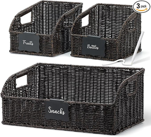 Brownlily Faux Wicker Pantry Storage Baskets, Black-Single Set (3-Piece) | Handwoven Baskets for Organizing with Built-in Handles, All-Purpose Storage Baskets with Chalkboard for Shelves,Laundry Room by Unknown