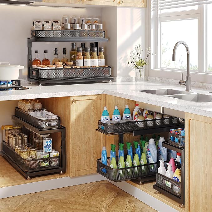 2-Pack 21.3 IN Depth Under Sink Organizer With Next-Gen Ball-Bearing Slides,Sophisticated Mesh 2-Tier Pull Out Shelf for Kitchen & Bathroom,Fits Small Items-Black - Image 8