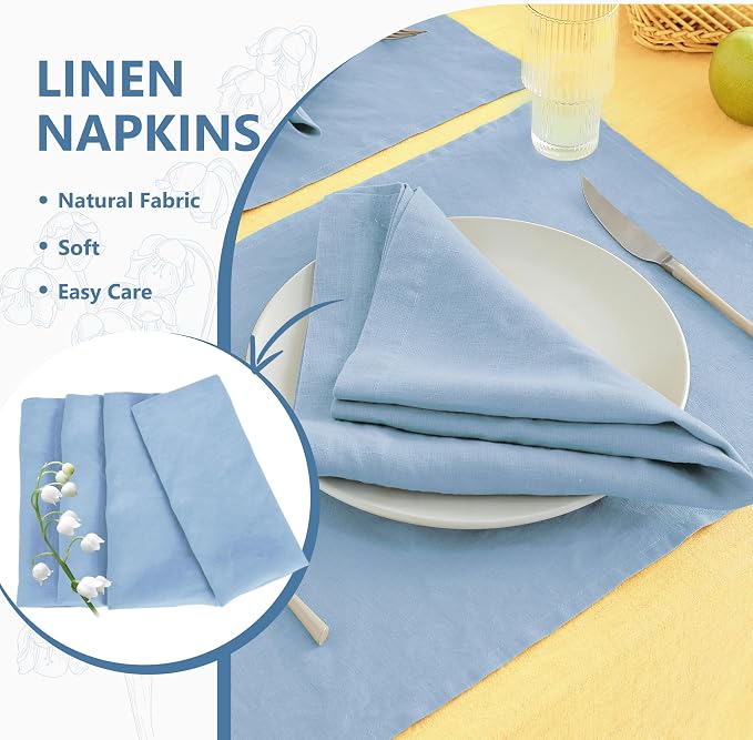 100% Linen Napkins 20x20Inch Set of 4,Cloth Napkins Dinner Napkins,Stone Washed Natural French Flax Napkins for Weddings,Decorative Easter,Mother's Day(Bule Bell) - Image 3