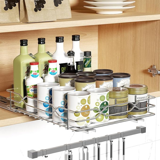 BOIVSHI Pull Out Spice Rack, Chrome, 8.5”W x 10.5”D x 2.3”H | 1 Tier, Spice Organizer, Vertical Spice Rack, Metal Material, Heavy Duty, No Assembly Required, For Cabinet, Kitchen, Pantry by BOIVSHI