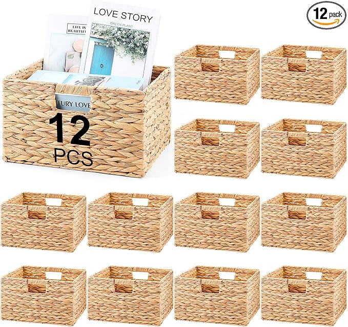 Jinei 12 Pcs Water Hyacinth Storage Baskets 13"x13"x8" Wood Color | Handwoven Wicker Bins with Handles, Wicker Baskets Bulk for Shelves Organizer Laundry, Closet Bedroom by Jinei