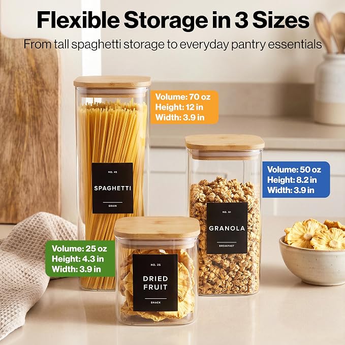 Glass Pantry Storage Jars Containers with Bamboo Lids and Labels - Set of 5 | Extra Thick Square Glass Canisters with Bamboo Wood Lids and 54 Pre-printed Pantry Labels keeps dry Goods Fresh and Organized - Image 2