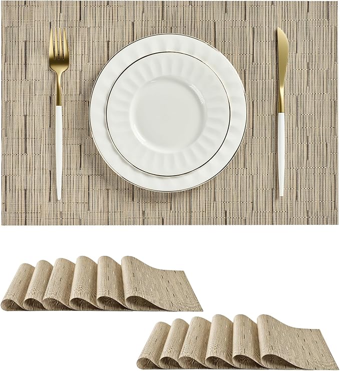 Leetaltree Light Brown Placemats Set of 12 - Heat Resistant Non-Slip Place mats for Dining Table, Washable Durable PVC Vinyl Woven Table Mats（Light Brown, 12） by Leetaltree-ArtatEveryTable