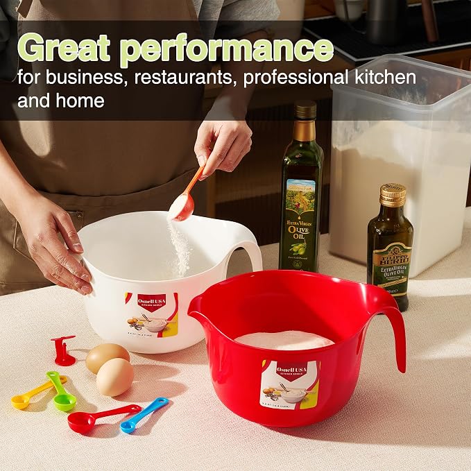 Large Mixing Bowls with Handles 3.6 qt - 2 Pc Plastic Nesting Bowls for Kitchen, Lightweight Batter Bowls, Easy to Clean + 5 Measuring Spoons Set - Image 4