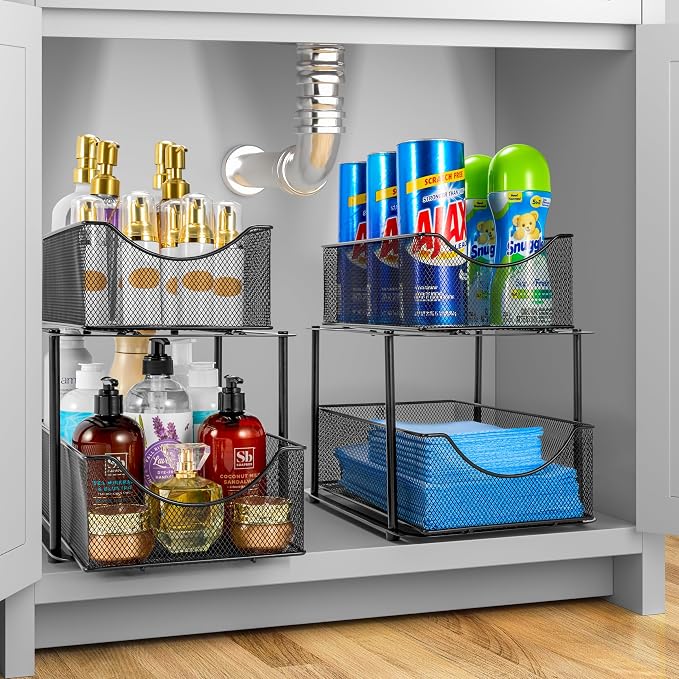 Sorbus 2 Sets of 2 Tier Metal Under Sink Organizer for Bathroom, Kitchen, Strong Steel Mesh Sliding Drawers for Under Sink, Under Cabinet, Closet, Kitchen, Pantry, Bathroom Organizers and Storage - Image 2