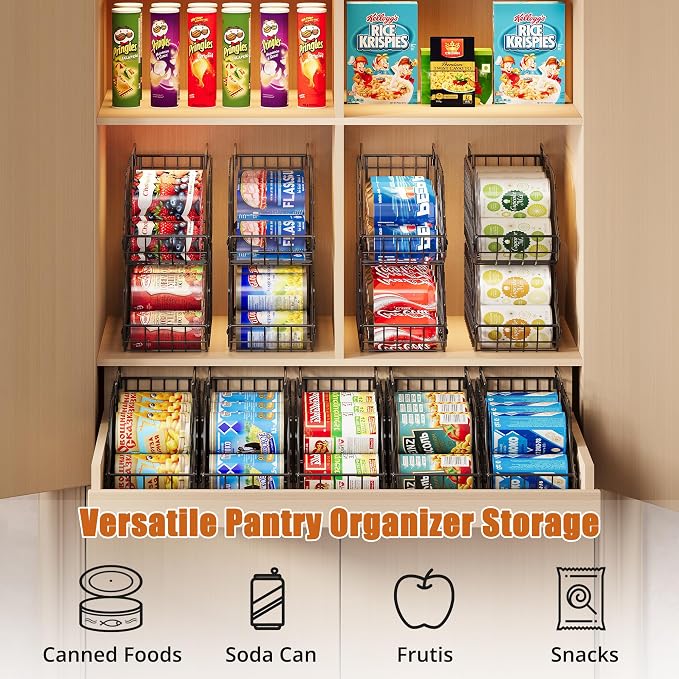 Sonyabecca 8 Pack Stackable Can Organizer for Pantry Cabinet Food Storage | Wire Storage Rack Holds Up to 72 Cans, Beverages and Food. Small Metal Organizer for Kitchen Counters, Fridges and RV - Image 2