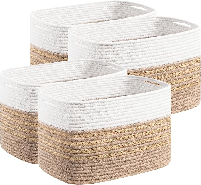 UBBCARE 4 Pack Baskets for Organizing, Woven Storage Baskets for Toys and Towel, Rectangle Cotton Rope Basket with Handles, 14''L x 8''W x9''H, Brown by UBBCARE