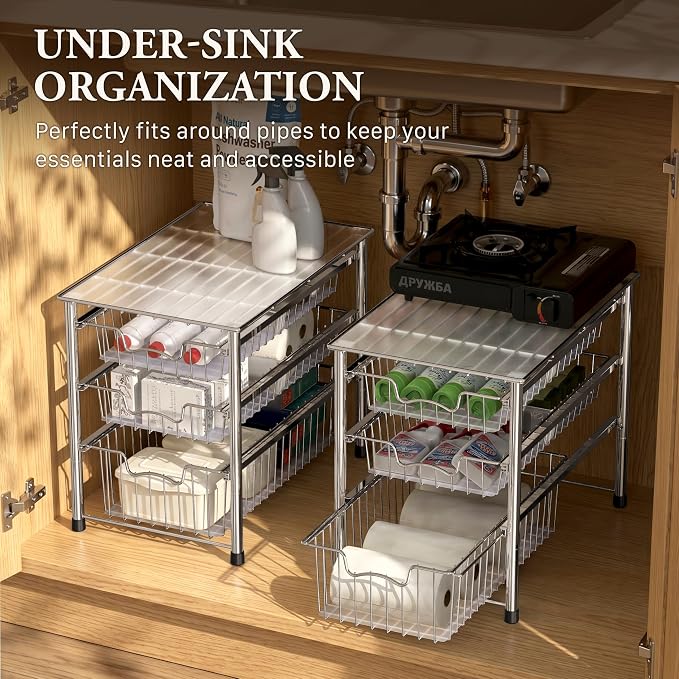 Simple Houseware Stackable 3 Tier Sliding Basket Organizer Drawer, Chrome - Image 6