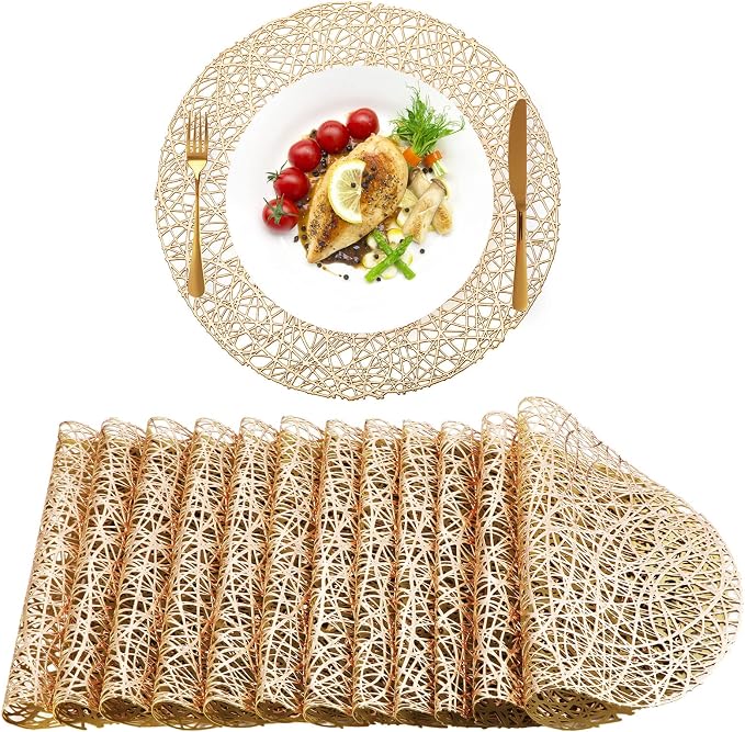 Sieral 12 Packs Gold Round Placemats 15 Inch Hollow Out Pressed Vinyl Place Mats Heat Resistant Woven Gold Placemats for Christmas Dinner Table Winter Holiday Party Wedding Centerpiece Decoration by Sieral